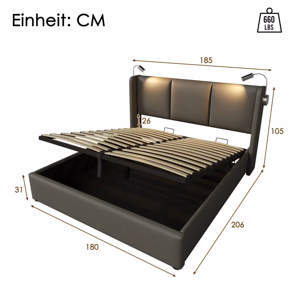 Letto matrimoniale imbottito con contenitore e luce LED grigio, dotato di porte USB e sollevamento idraulico, L/P: 180 x 200 cm – 2