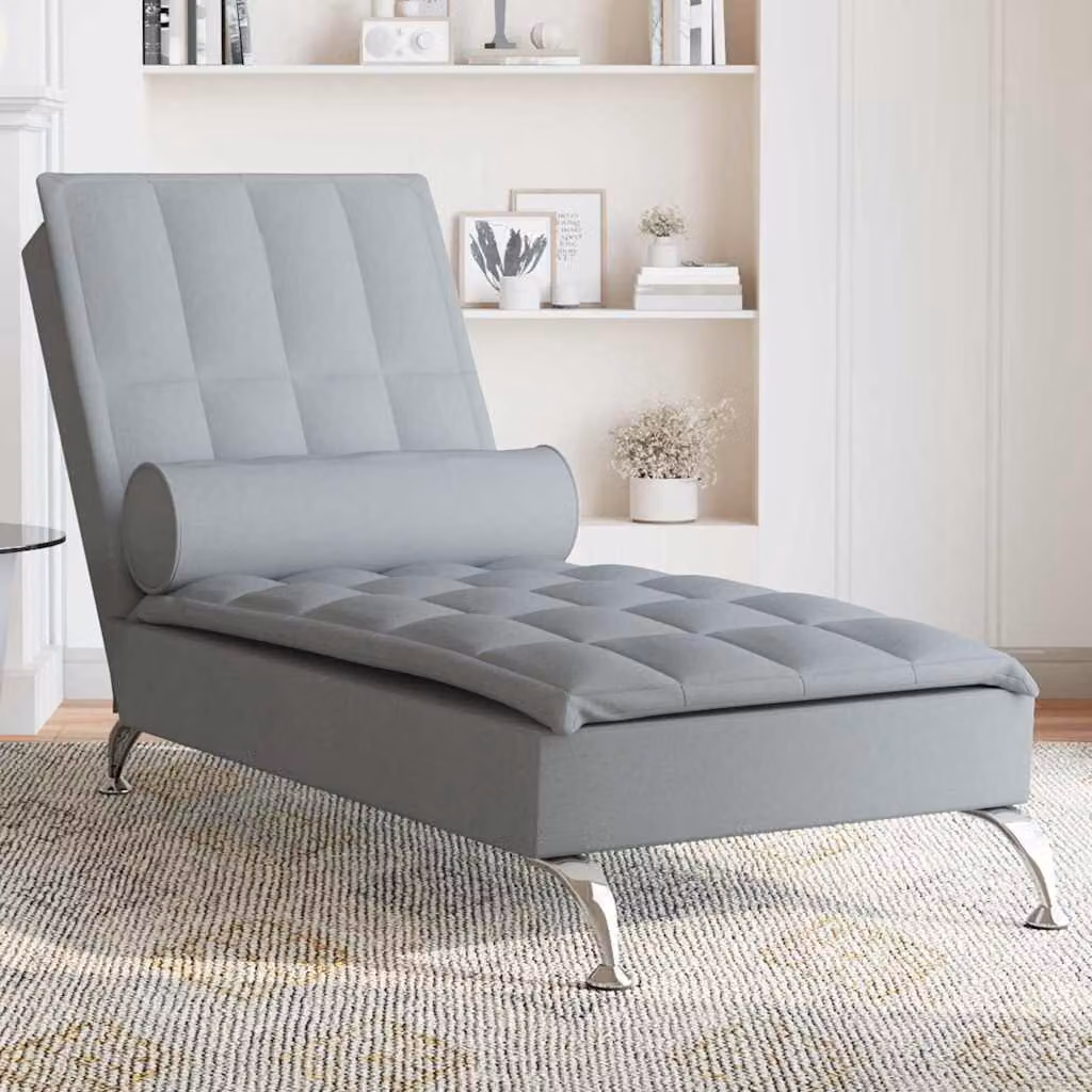 vidaXL Chaise Longue con Cuscino a Rullo per Massaggio in Tessuto Grigio Chiaro con Ricarica USB L: 138 cm, P: 56 cm, H: 75 cm