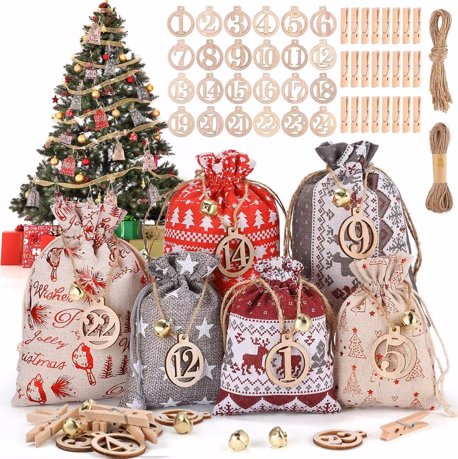 Calendario dell'Avvento 24 sacchetti di stoffa Calendario di Natale fai da te Bambini Adulti Rosso Grigio Beige