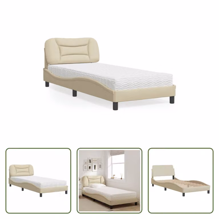 The Living Store Letto con materasso crema 90x190 cm in tessuto