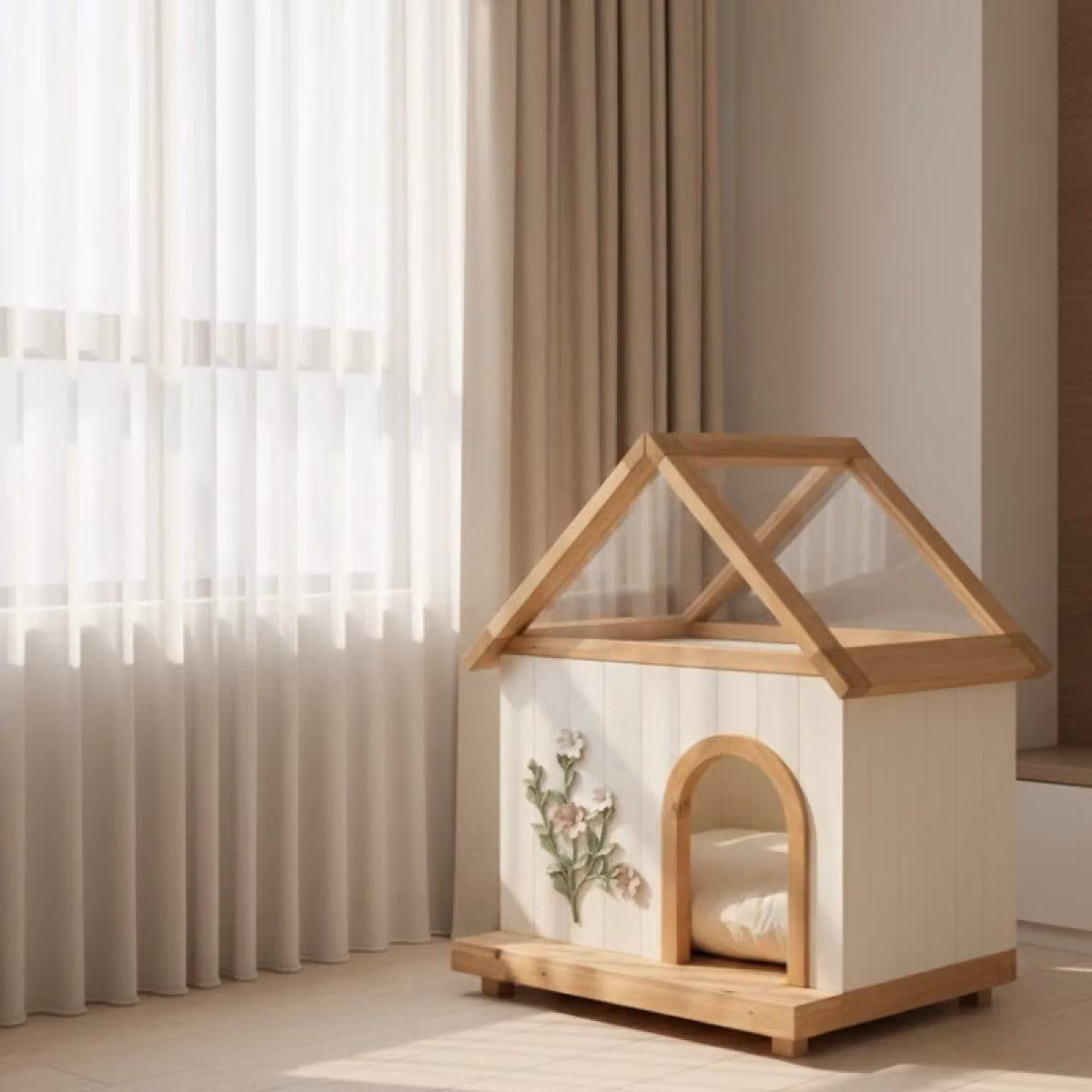 Cuccia per gatti in legno massello, decorativa, certificata Adatta anche come cuccia per cani. Colore: bianco. Dimensioni: 68x55x80 cm