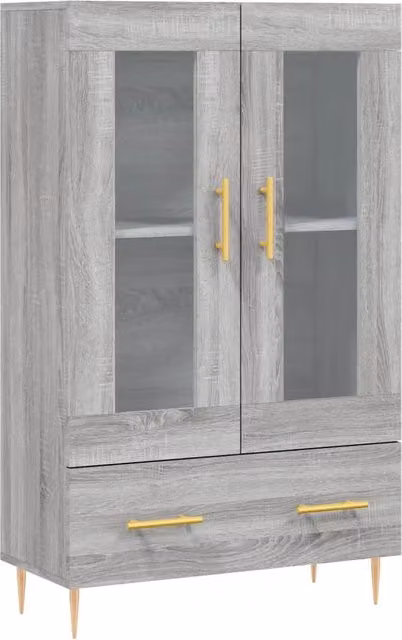 Buffet credenza moderna con ante in vetro e ripiani interni, finitura rovere e grigio, L: 115 cm, H: 69,5 cm, P: 31 cm