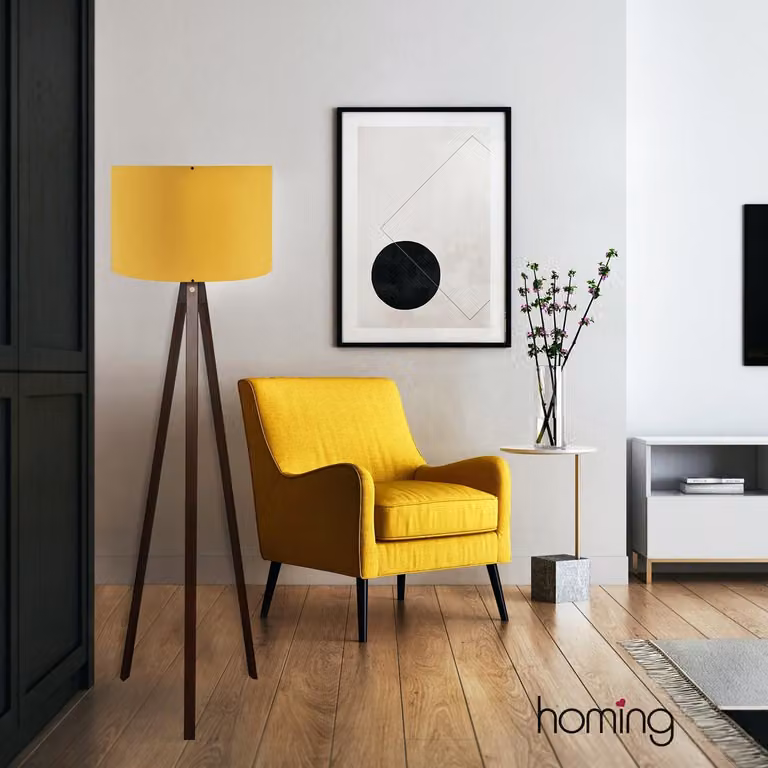 Opviq, lampada da terra di alta qualità, gialla, altezza 140 cm | 100% MDF, paralume in PVC, diametro: 38 cm, attacco E27, max 40 W | Design scandinavo, ideale per gli interni moderni.