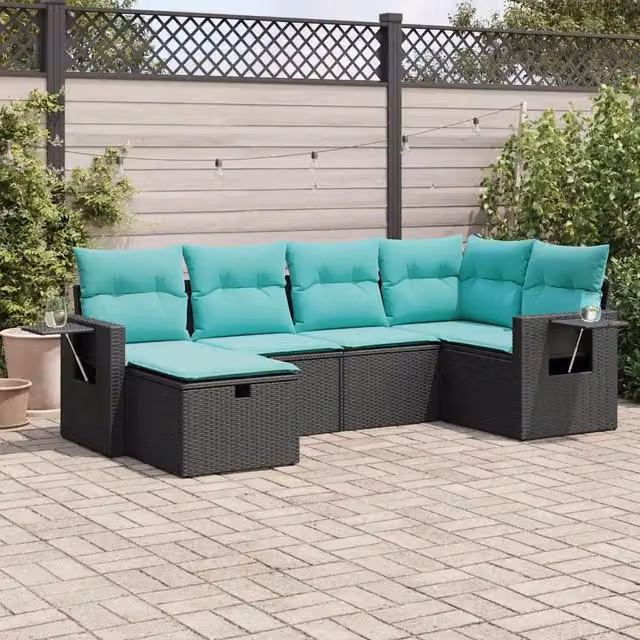 Set Divano da Giardino a L vidaXL in Polyrattan Nero con 6 Sedute e Cuscini Inclusi – 1