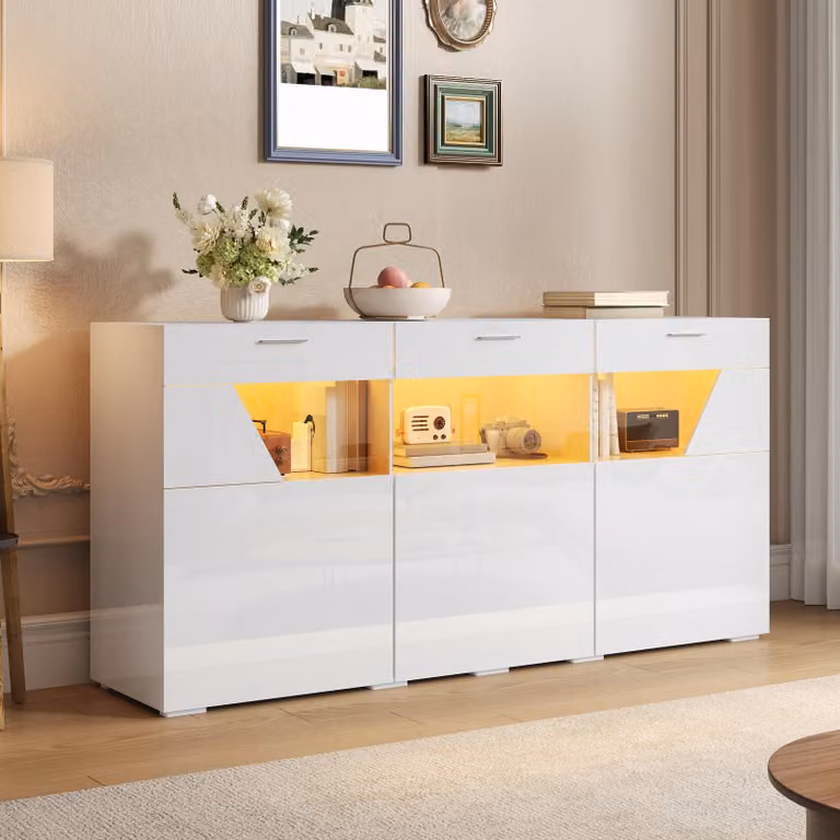 Mobile contenitore laterale STILVORA con illuminazione a LED, credenza con 3 ante e frontale in vetro, armadio contenitore con controllo tramite app e finitura lucida