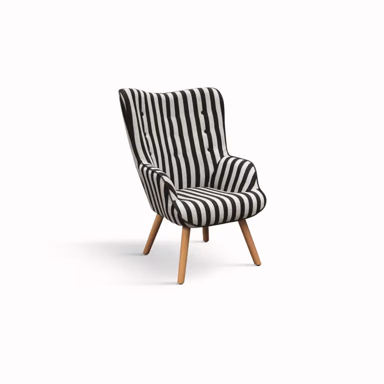 Poltrona HAVANA in tessuto a righe bianco e nero e gambe in legno