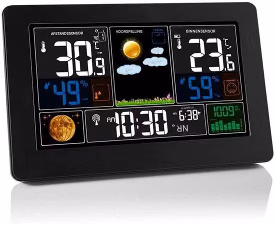 Stazione meteorologica wireless con sensore esterno - con previsioni del tempo, avvisi di temperatura e orologio radio DCF - Nero, alimentata a batterie