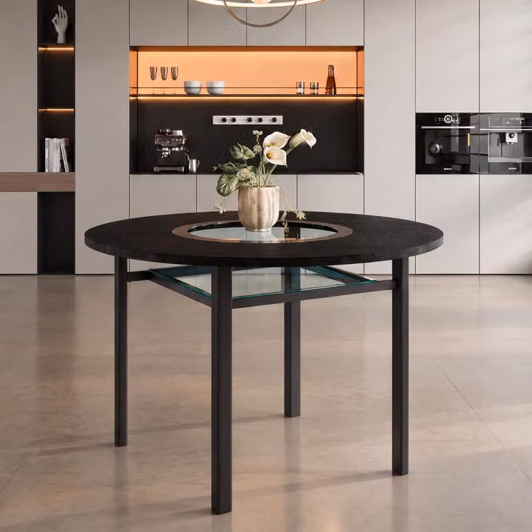 Tavolo rotondo da pranzo, diametro 100 cm, aspetto legno, per 2-4 persone, piano in vetro, struttura in metallo (nero)