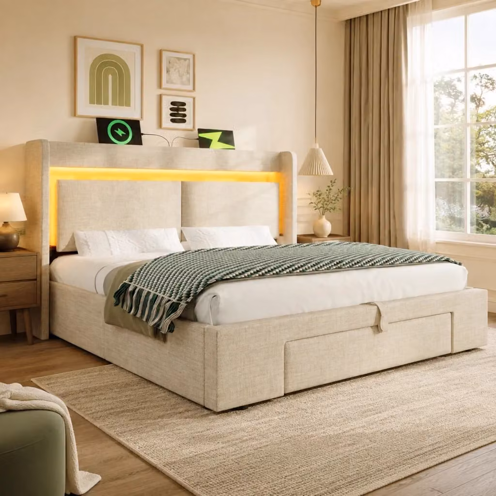 Letto imbottito REDOM beige con contenitore a sollevamento, illuminazione LED sottostante e porta di ricarica USB, L/P/H: 160 x 200 x 111 cm – 2