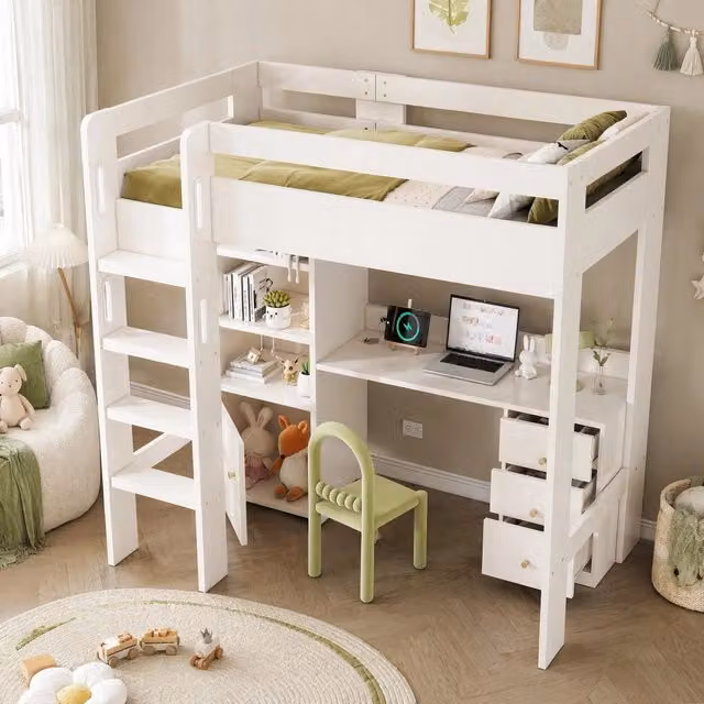 Letto a soppalco ULEVR 90x200 cm con scrivania USB/Type-C, armadio, cassetti e scaffale, bianco