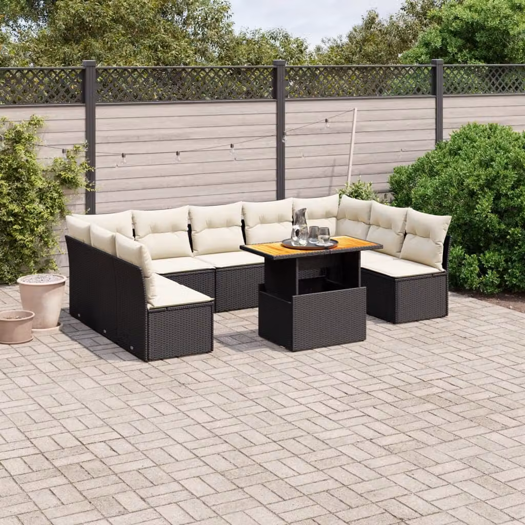vidaXL Set Divani da Giardino a L in Polyrattan Nero con Cuscini e Tavolino da Esterno – 1