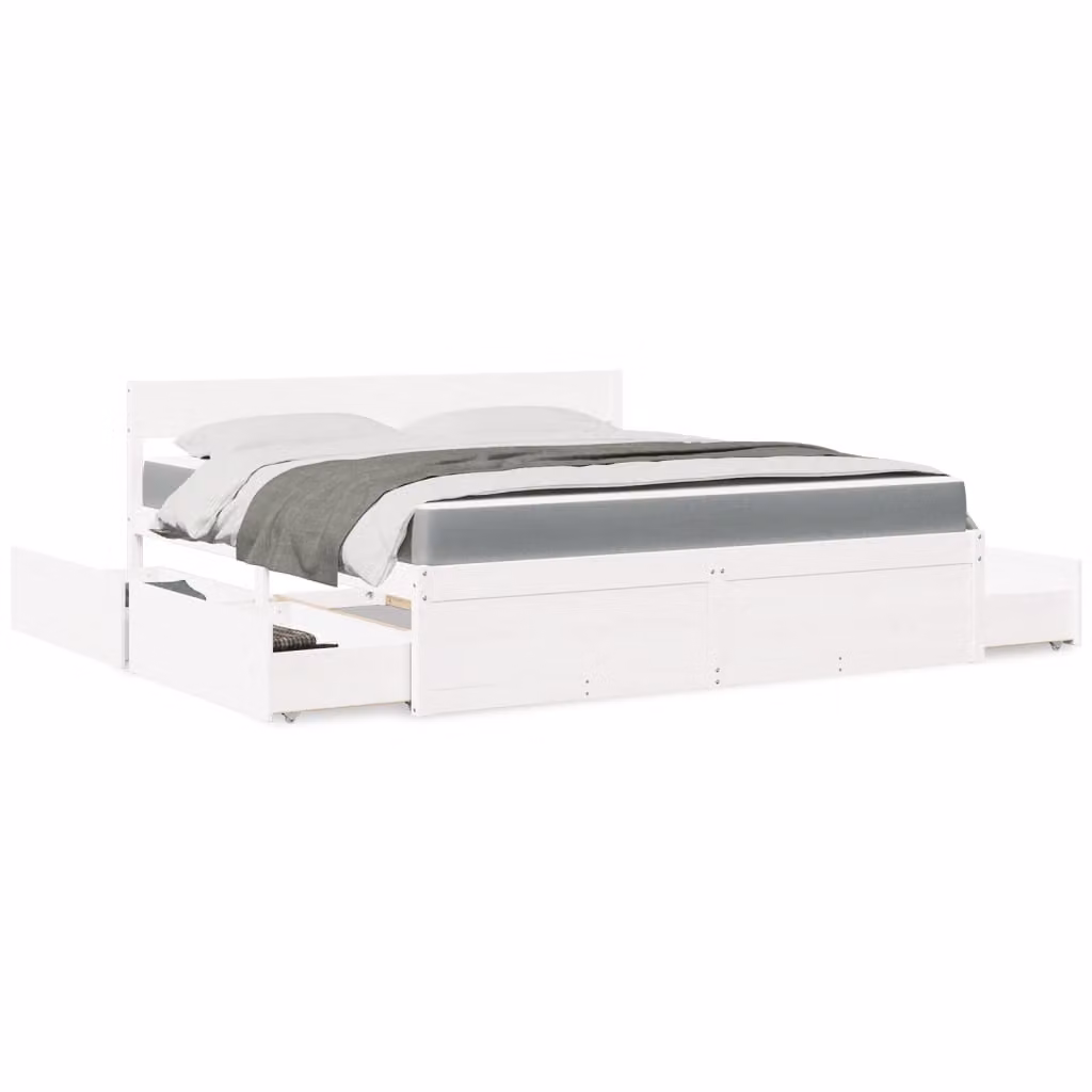 Letto con cassetti e materasso ibrido vidaXL in legno massello di pino bianco e grigio L/P/H: 205.5 x 185.5 x 78.0 cm