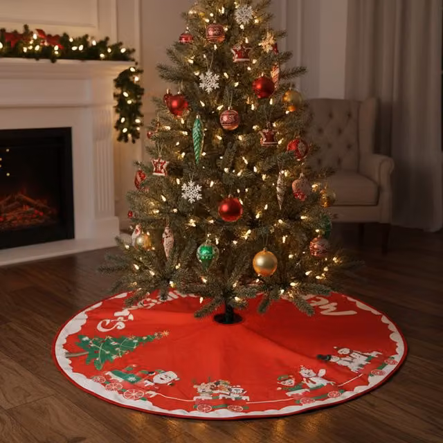Tappeto copribase per albero di Natale Merry Christmas rosso con motivo per bambini