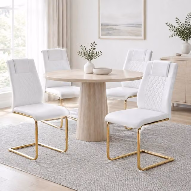 Sedia da pranzo moderna MIVRAY in similpelle bianca con gambe in metallo dorato