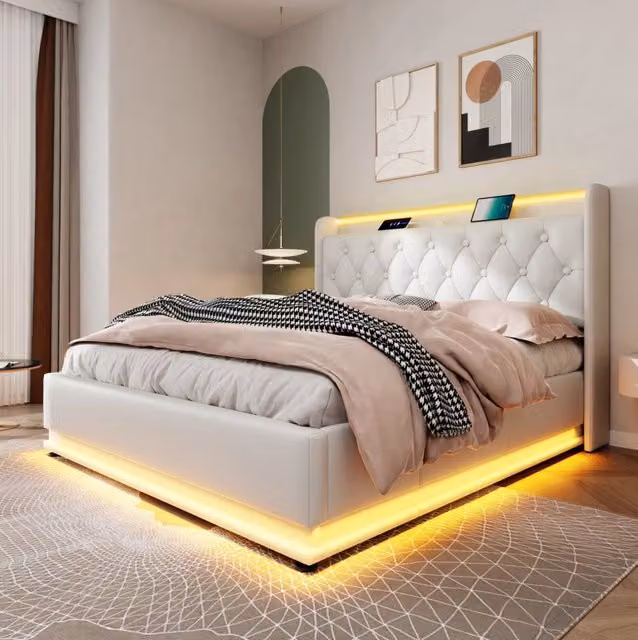 Letto matrimoniale 140x200 cm con contenitore idraulico, LED 360Â° e rivestimento in PU bianco