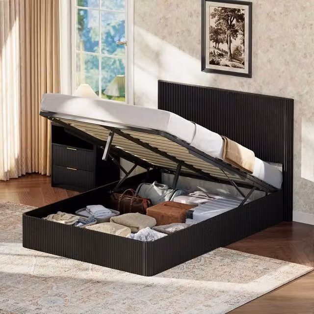 Letto contenitore matrimoniale con doghe in legno massello e sistema idraulico ¨C MINIMAL ¨C 140x200 cm, Nero