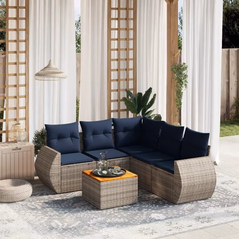 Set da giardino vidaXL in polyrattan grigio con cuscini e tavolino da esterno a forma di L per 6 persone