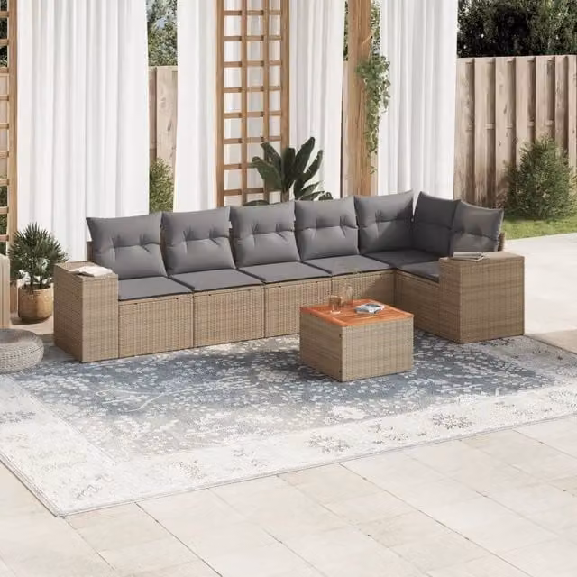 Set Divani da Giardino 7 pz con Cuscini Beige in Polyrattan 3257788