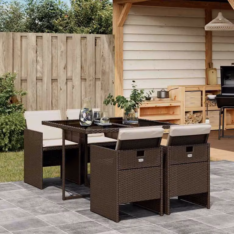 Set da Pranzo da Giardino vidaXL in Polyrattan Marrone con Cuscini e Tavolo in Vetro 5pz