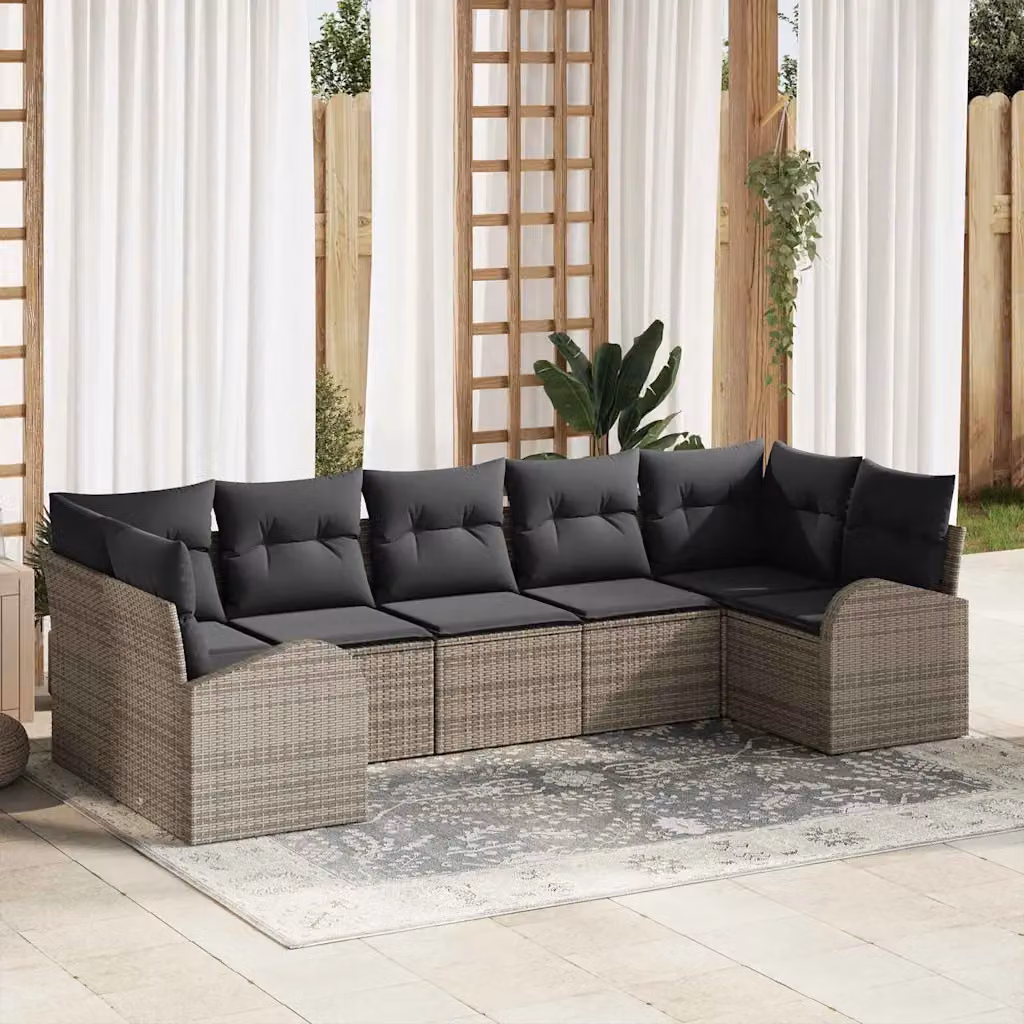 Set Divano da Giardino vidaXL a Forma a U in Polyrattan Grigio con Cuscini e Struttura in Acciaio Verniciato a Polvere, 7 Pezzi – 1
