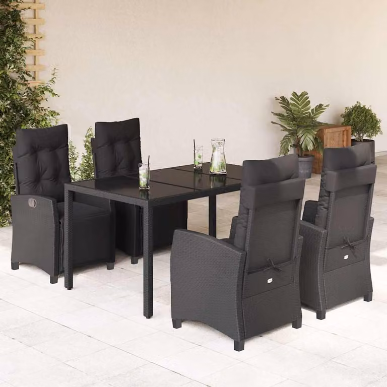 Set da Pranzo da Giardino vidaXL 5 pz in Polyrattan Nero con Piano in Vetro