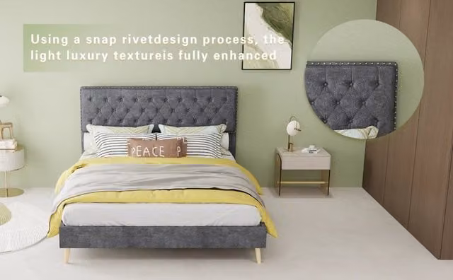 Letto imbottito moderno 140×200 cm in velluto olandese grigio con testiera a capitonné e borchie, base bassa, materasso 140×200 incluso
