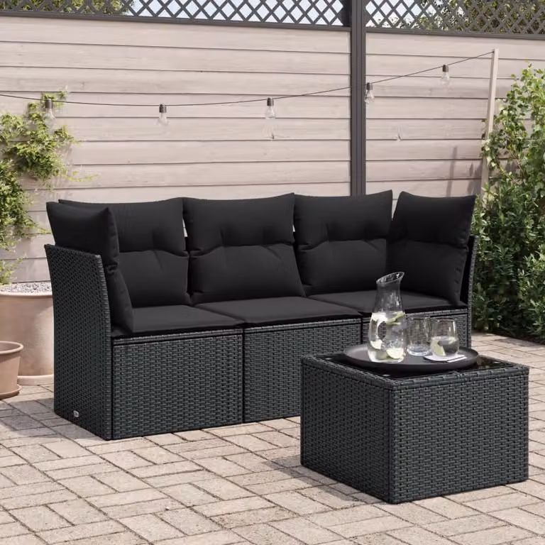 Set di divani da giardino vidaXL 4 pezzi in polyrattan nero con cuscini e tavolino da esterno