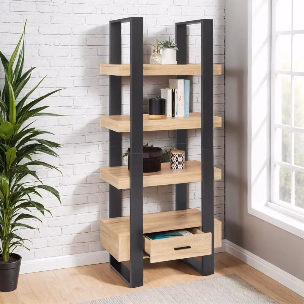 IDMarket - Scaffale PHOENIX a 4 livelli in legno e nero con cassetto, stile industrial, L/P/H: 40 x 40 x 160 cm – 2