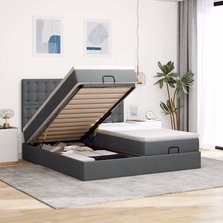 vidaXL Struttura Letto con Materasso e Contenitore a Sollevamento, Tessuto Grigio e Bianco, L/P: 200 x 200 cm