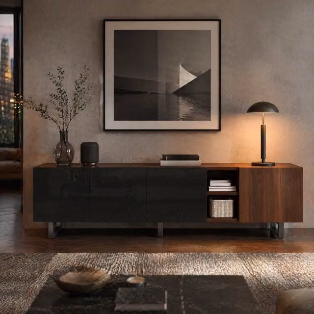 Mobile TV Mivray moderno in MDF nero e marrone con ante senza maniglie e vani aperti L/P/H: 180 x 38 x 50 cm