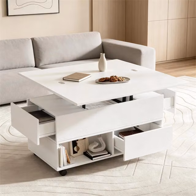 Tavolino da salotto multifunzionale WISHDOR regolabile in altezza con ruote e 4 cassetti, bianco, L: 100 cm, P: 50 cm, H: 52 cm