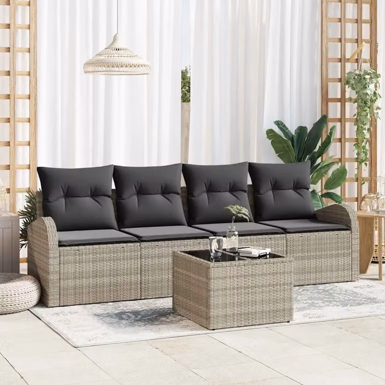 Set Divano da Giardino vidaXL 5 Pezzi con Tavolino e Pouf Grigio con Struttura in Acciaio e Cuscini Inclusi