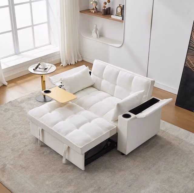 Divano letto pieghevole con schienale regolabile; USB e Type-C; tavolino MDF; beige