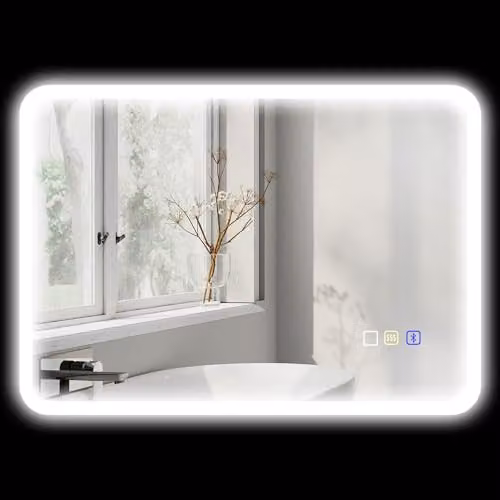 HOMCOM Specchio da bagno Bluetooth 50 x 70 cm, specchio da bagno illuminato a parete con illuminazione a LED, interruttore sensibile al tocco, luce regolabile a 3 colori, antiappannamento, memoria -
