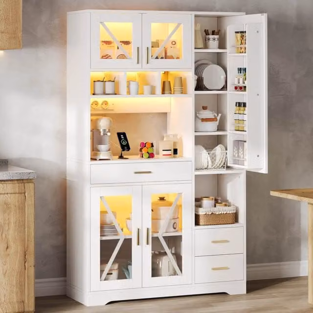 Credenza da cucina Mivray bianca con vetrina in vetro, illuminazione integrata e ripiani interni, L/P/H: 105 x 40 x 185 cm
