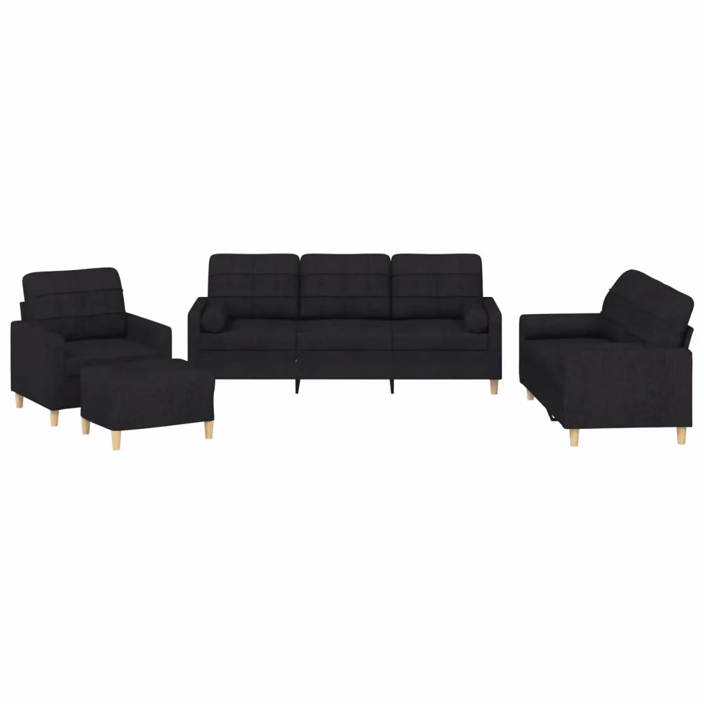 Set di divani vidaXL 4 pezzi in tessuto nero con cuscini e pouf per soggiorno – 2