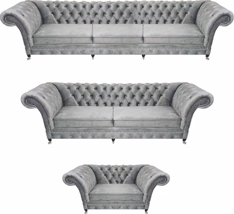 Grau Luxus Wohnzimmer Set 3tlg Textil Polstermöbel Designer Möbel Chesterfield