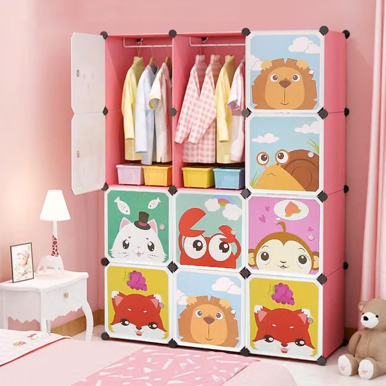 Scaffale modulare a cubi - Armadio per bambini - 12 scomparti - Plastica con telaio in metallo - Per vestiti, scarpe, giocattoli - Da montare - Rosa