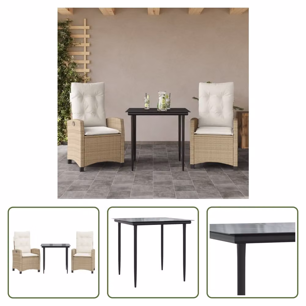 The Living Store Set da pranzo da giardino 3 pezzi con cuscini Beige poly rattan