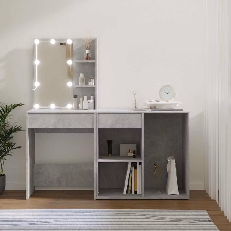 vidaXL Toeletta Hollywood LED con Armadietto in Legno MDF Grigio Opaco L: 140 cm, P: 40 cm, H: 60 cm