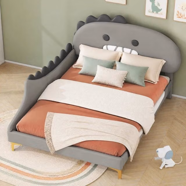 Letto per bambini a forma di dinosauro in PU grigio; per materasso 140 x 200 cm