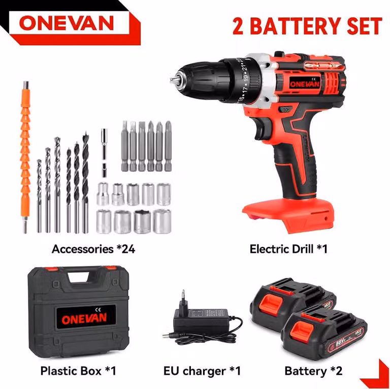 Avvitatore a percussione a batteria - Avvitatore - 1600 giri/min - 25+3 livelli di coppia - 2 batterie - Motore a spazzole - Spina UE - Rosso