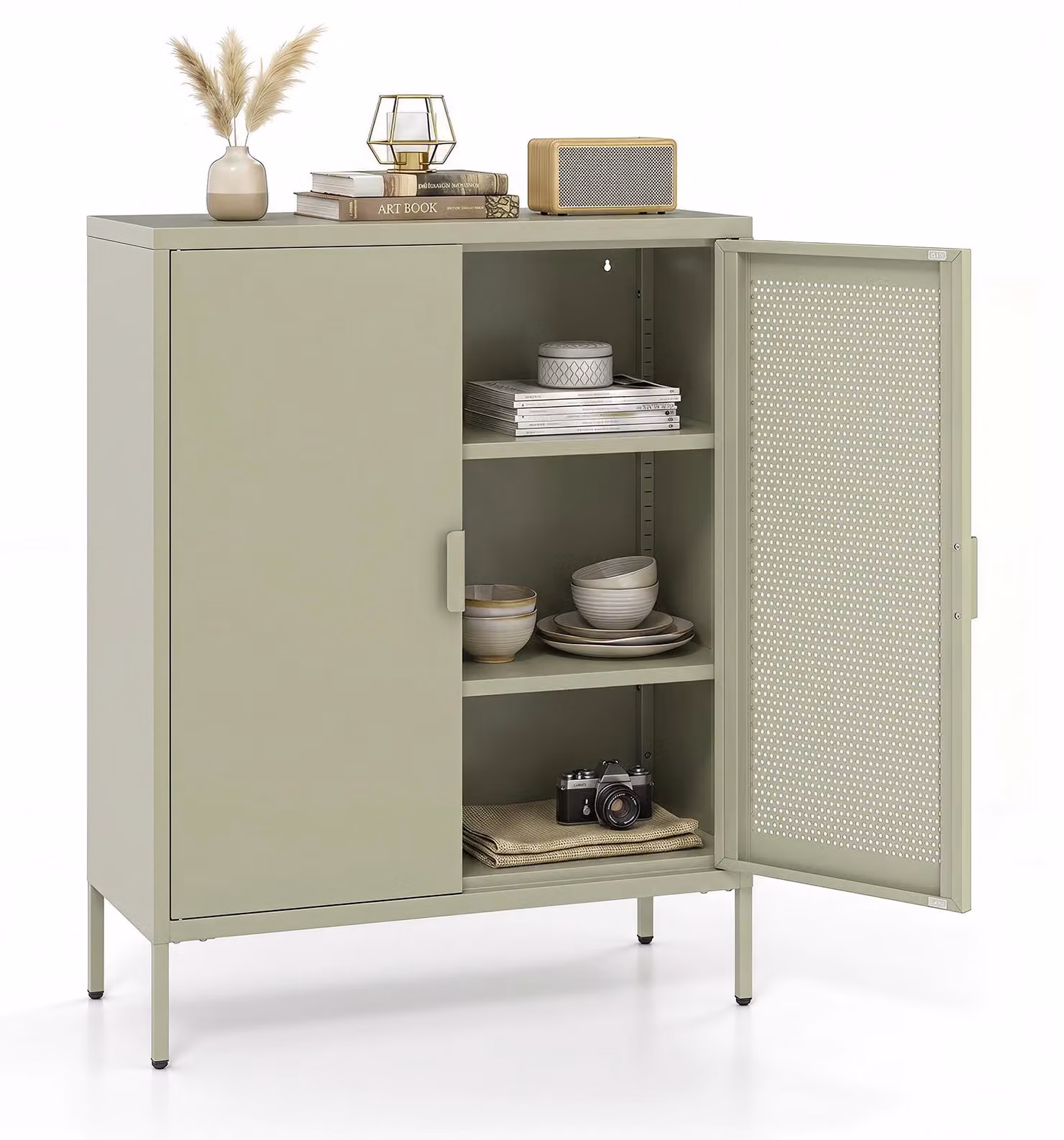 Armadio metallico con ripiano, pensili da cucina con ante a griglia, mobiletto contenitore con porta magnetica e sistema di sicurezza anticaduta, credenza, colore verde