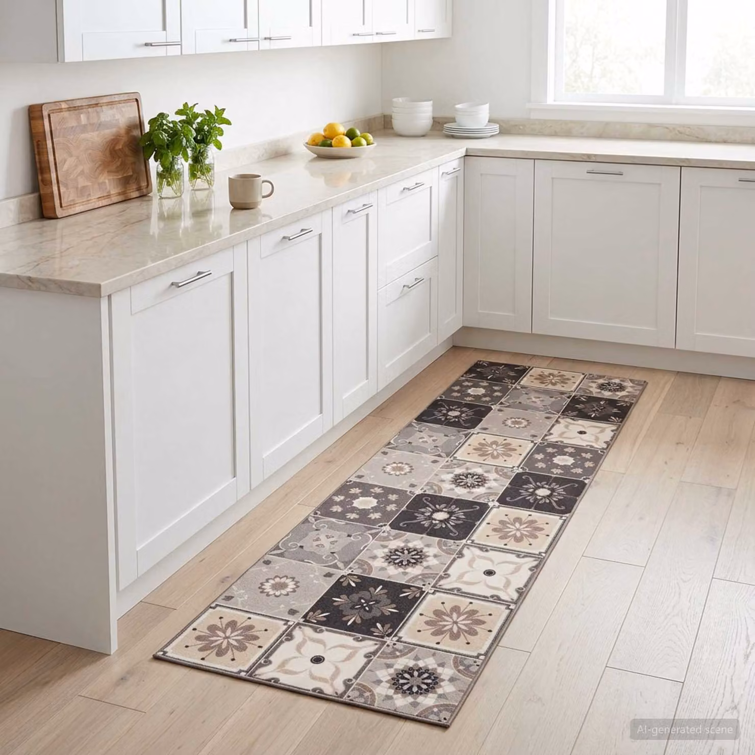 vidaXL Tappeto da cucina moderno con motivo mosaico grigio e beige, lavabile e antiscivolo, L: 300 cm, P: 60 cm