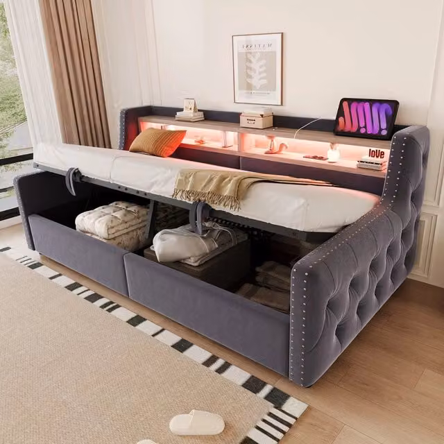 Letto Imbottito Singolo con Contenitore e LED ¨C Xylo ¨C Grigio Scuro 90x200