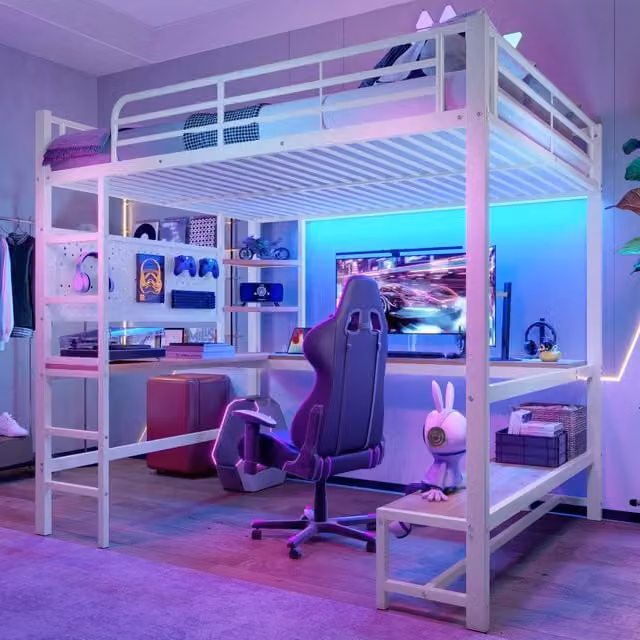 Letto a castello 140x200 cm in metallo con scrivania, sponde, scaletta, ripiani, presa USB e Tipo-C, barra LED, senza materasso - Bianco
