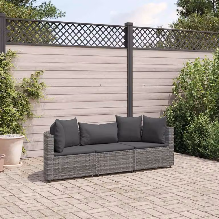 Set di divani da giardino vidaXL a forma di L composto da 3 pezzi con cuscini in antracite e struttura in metallo e rattan