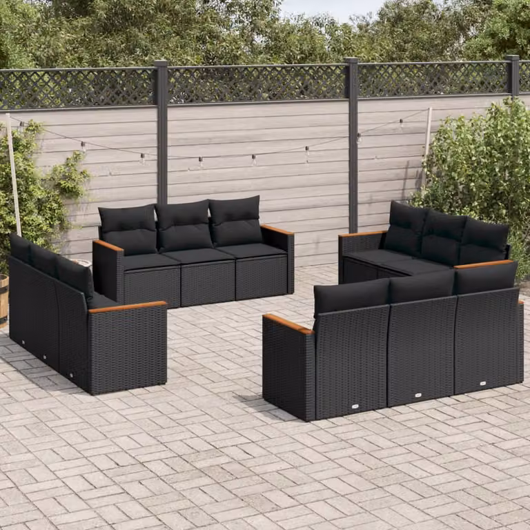 vidaXL Set Divani da Giardino a Forma di U in Polyrattan Nero con Cuscini e Struttura in Acciaio