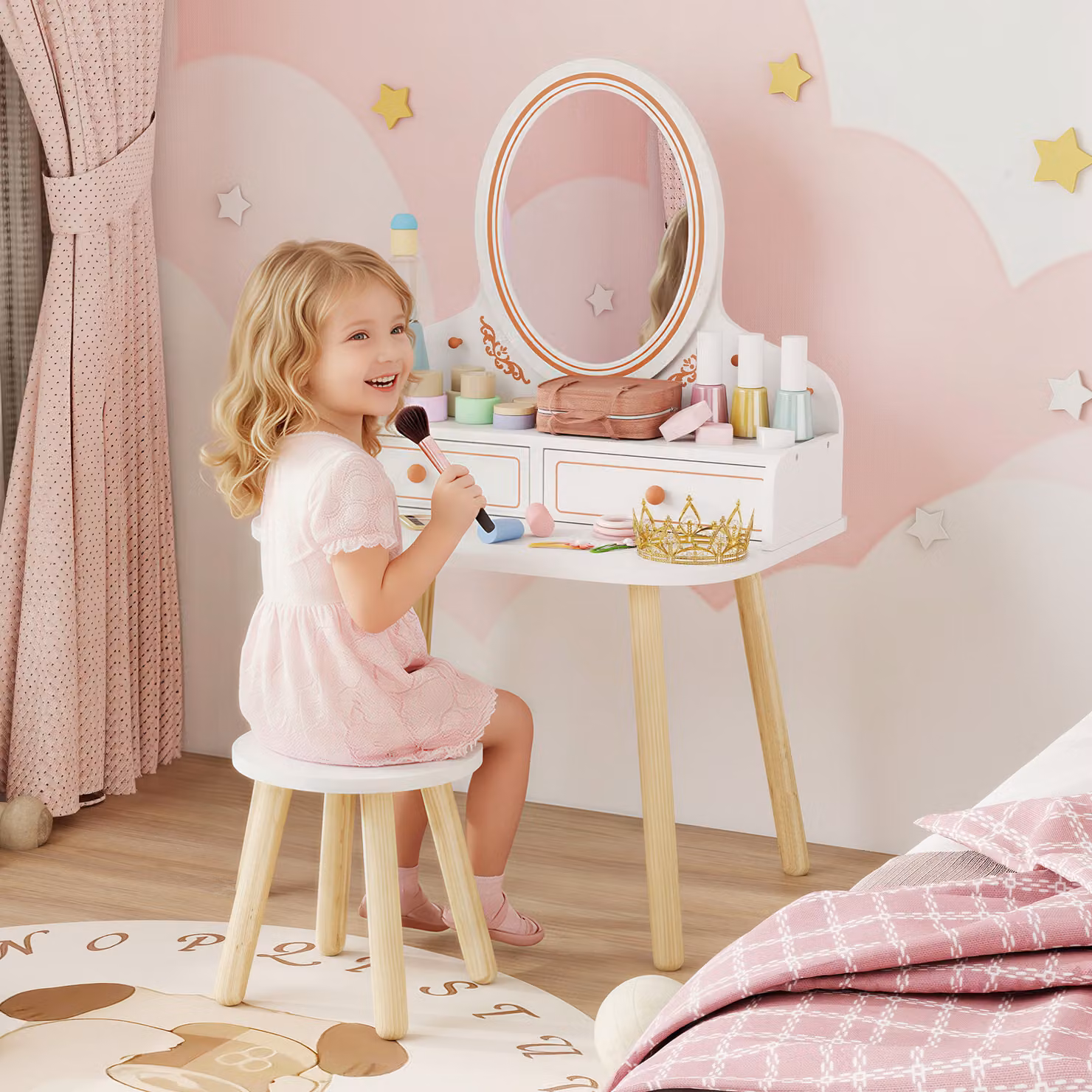 Toeletta Trucco per Bambini AIYAPLAY con Sgabello, Specchio, 2 Cassetti e Barre Appendiabiti, Bianco – 2