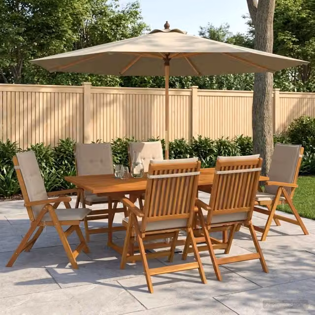 Set da pranzo da esterno vidaXL in legno di acacia ed eucalipto con ombrellone, 8 pezzi per 6 persone, marrone